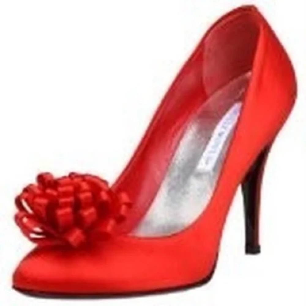 Hollywould Red Satin Pump with Pom Pim Flower Detail